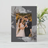 Photo Wedding Flat Thank You Card Dark Grey Roses Dankeskarte (Stehend Vorderseite)