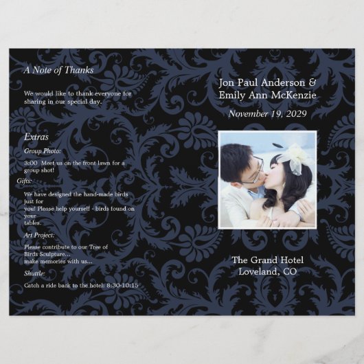 Photo Wedding Program Navy Blue & White Damask (Vorderseite)