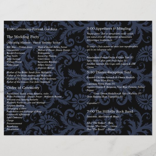 Photo Wedding Program Navy Blue & White Damask (Rückseite)