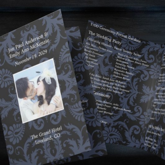 Photo Wedding Program Navy Blue & White Damask