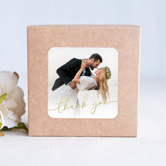Photo Wedding Thank You Gold Script Favor  Quadratischer Aufkleber