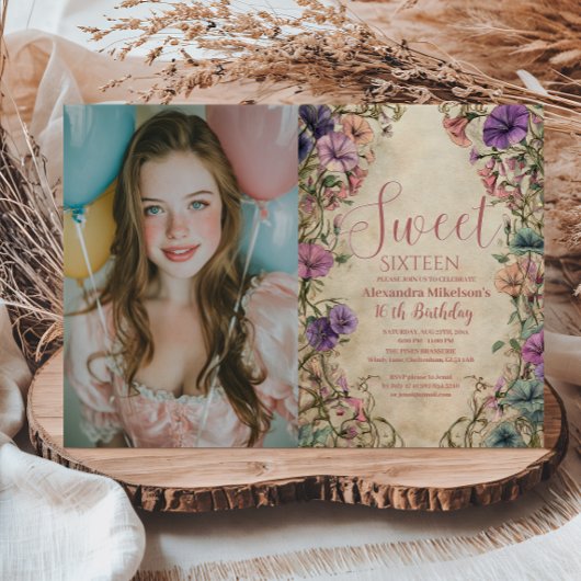 Photo Whimsical Pastel Wildflower Sweet 16 Einladung