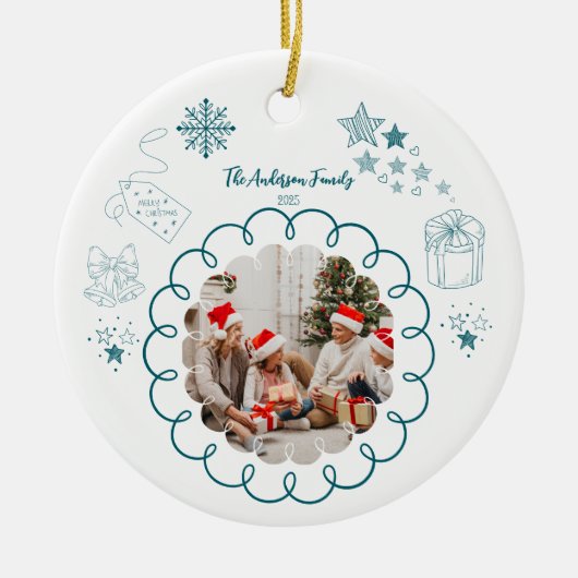 Photo Whimsical Quirky Doodle Holiday Keramik Ornament (Vorne)