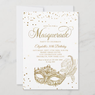 Photo White Gold Glitter Masquerade Birthday Einladung