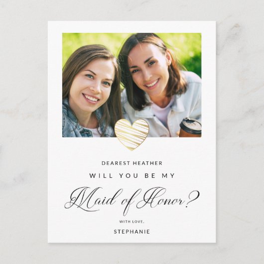 Photo Will You Be My Maid of Honor White Heart Postkarte (Vorderseite)