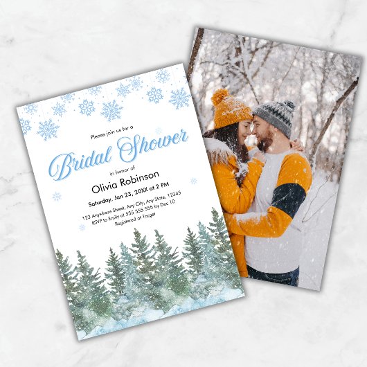 Photo Winter Pine Trees Snowflakes Bridal Shower Einladung