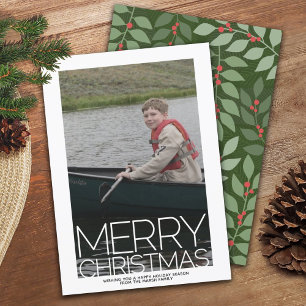 Photo with huge Merry Christmas - botanical back Feiertagskarte