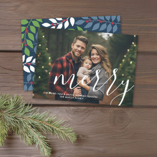 Photo with huge MERRY script white overlay - navy Feiertagskarte