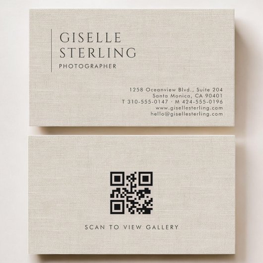 Photographer Luxury Neutral Linen QR Code Visitenkarte