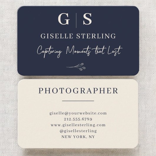Photographer Navy Blue Monogram Visitenkarte