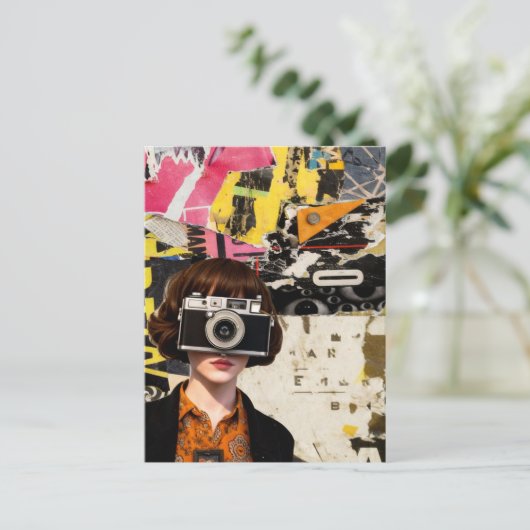 Photographer Woman Grunge Mixed Media Collage  Postkarte (Stehend Vorderseite)
