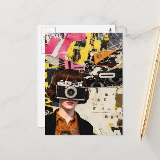 Photographer Woman Grunge Mixed Media Collage  Postkarte (Vorderseite/Rückseite Beispiel)