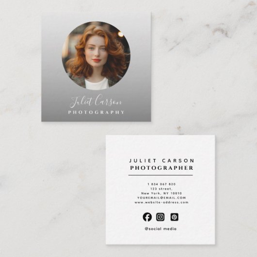 Photography Calligraphy Script Circle Photo Quadratische Visitenkarte (Vorne/Hinten)