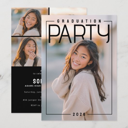 PhotoPop Chic Graduation Party Einladung (Vorne/Hinten)