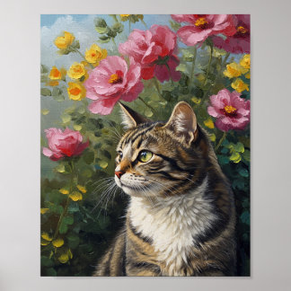 Photoreal Cat & Flowers | Oil-Impressionist Art Poster