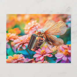 Photorealistic Cicada Playing Accordion inZinnia Postkarte