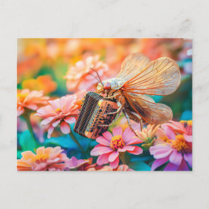 Photorealistic Cicada Playing Accordion inZinnia Postkarte