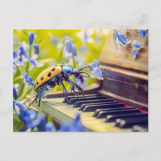 Photorealistic Oil Beetle Playing Piano Among Blue Postkarte (Vorderseite)