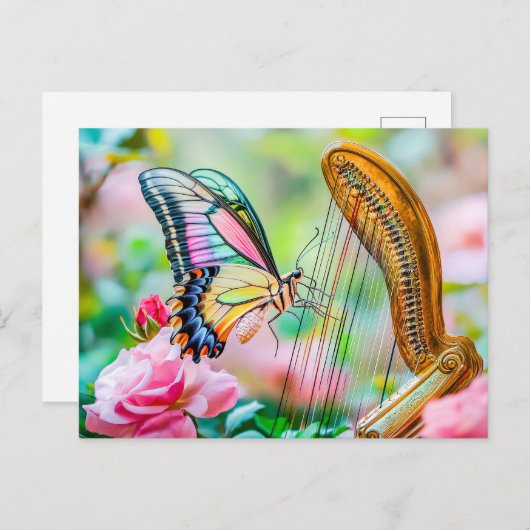 Photorealistic Swallowtail Butterfly Playing Harp  Postkarte (Vorne/Hinten)