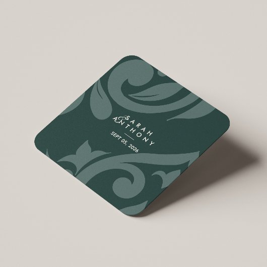 Phthalo Green Classic Script Damask Wedding Rechteckiger Pappuntersetzer