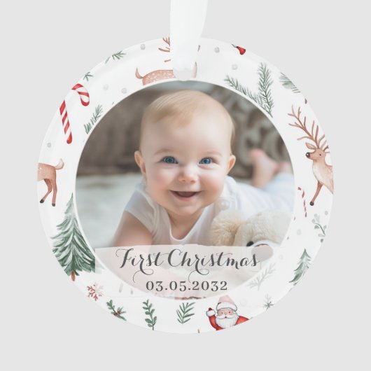 Phto First Christmas Script Klassisches rustikales Ornament (Vorderseite)