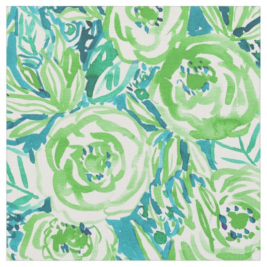 PHUNKY PHRESH grünes Aqua Boho BlumenAquarell Stoff (Nahaufnahme)