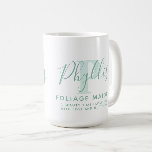 Phyllis Name Bedeutung und P monogramm grüner Text Kaffeetasse (VorderseiteRechts)