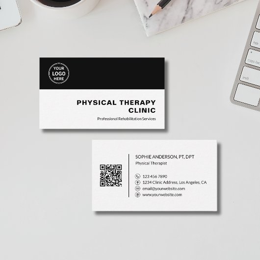 Physical Therapy Clinic Professional Logo QR Black Visitenkarte