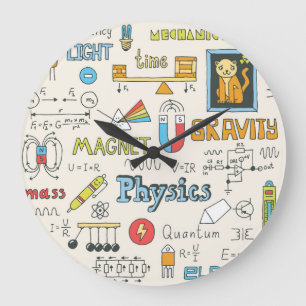 Physikkonzepte, handgezeichnet Vintager Stil. Große Wanduhr