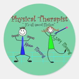 Physiotherapeut Stick People "Behalt Moving" Runder Aufkleber