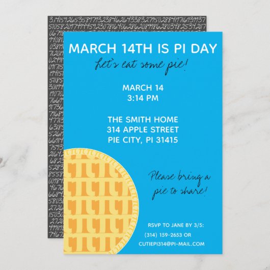 Pi Day Party Einladung mit Pi-Ziffern auf der Rück (Vorne/Hinten)