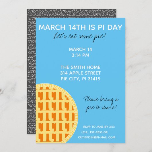 Pi Day Party Einladung mit Pi-Ziffern auf der Rück (Vorne/Hinten)