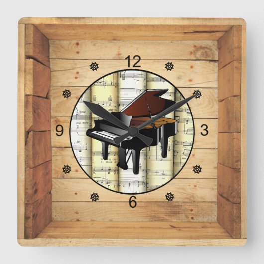 Piano ~ 3 Dimensional ~ Folk Art Box ~ Quadratische Wanduhr (Vorderseite)