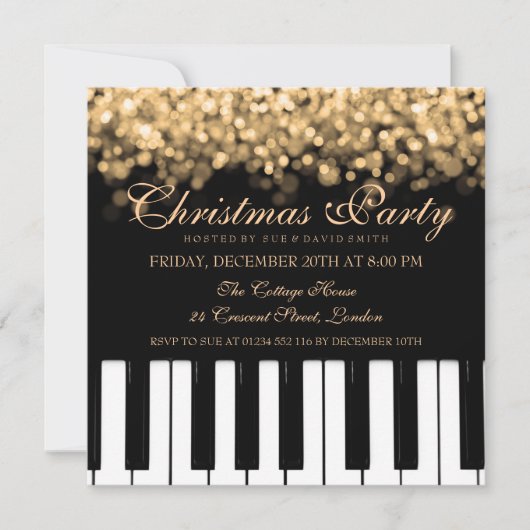 Piano Bar Weihnachts-Party Gold Lights Einladung (Vorderseite)