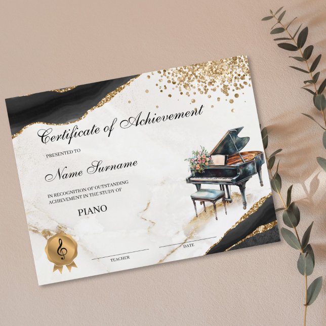 Piano Certificate Music School - Errungenschaft (piano recital certificate with watercolor piano and flower bouquet)