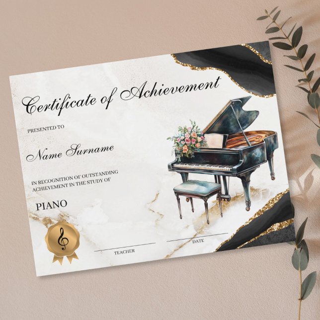 Piano Certificate Music School - Errungenschaft (piano recital certificate with watercolor piano and flower bouquet)