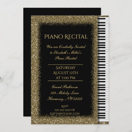 Piano-Erwägung mit Gold-Glitzer auf Black Einladung (Vorne/Hinten)