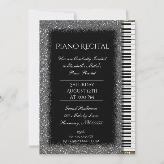 Piano-Erwägung mit Silberner Glitzer auf Schwarz Einladung (Vorderseite)