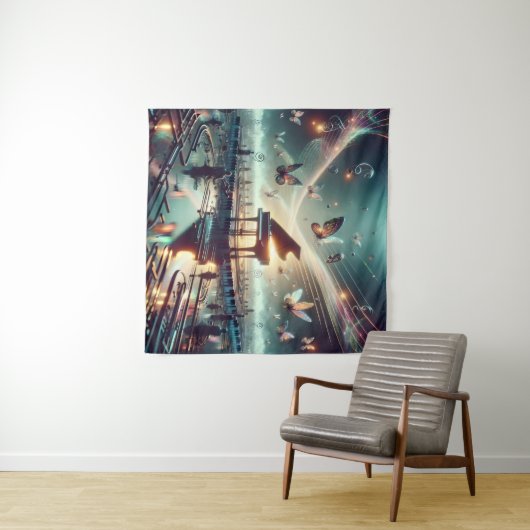 Piano für Selbstspieler in einer surrealen Seenlan Wandteppich (Beispiel (Horizontal))