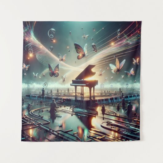 Piano für Selbstspieler in einer surrealen Seenlan Wandteppich (Vorderseite)