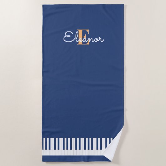 Piano Keys Navy Blue White Monogram Music Keyboard Strandtuch (Vorderseite)