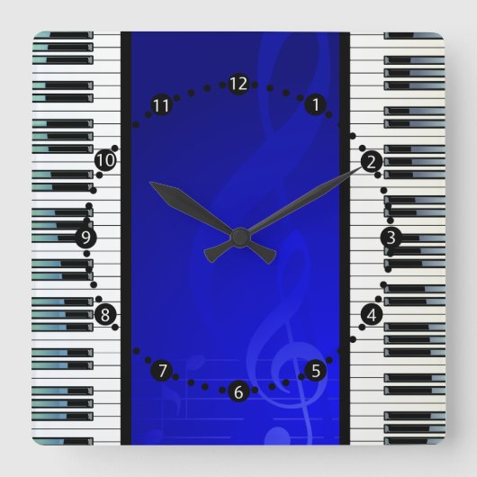 Piano Keys with Blue Effect Musical Notes Quadratische Wanduhr (Vorderseite)