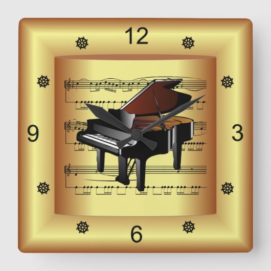 ~ Piano ~ Kurveste Noten ~ Gold Background ~ Quadratische Wanduhr (Vorderseite)