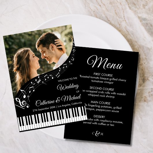 Piano Music Black & White Foto Monogram Wedding Menükarte