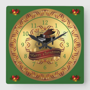 Piano ~ Musical Scroll ~ "Frohe Weihnachten" Quadratische Wanduhr
