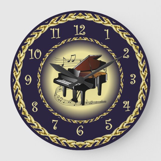 Piano Musical Scroll ~ Gold und Navy Blue ~ Große Wanduhr (Vorderseite)