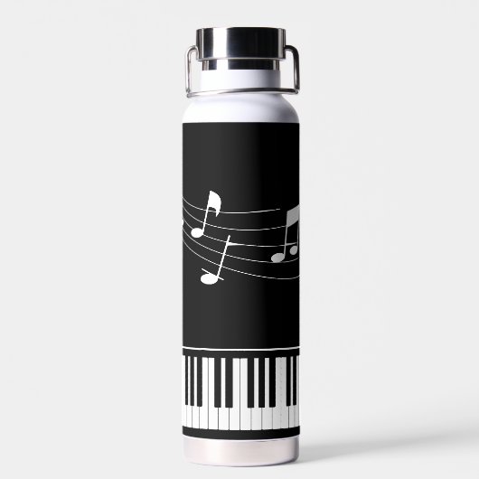 Piano-Musiknoten Skriptname Schwarz-weiß Trinkflasche (Rückseite)