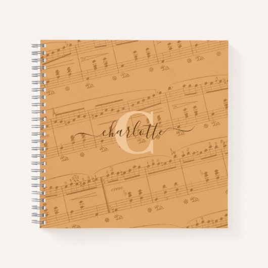 Piano Notes Music Sheet Monogram Peach Elegant Notizblock (Vorderseite)
