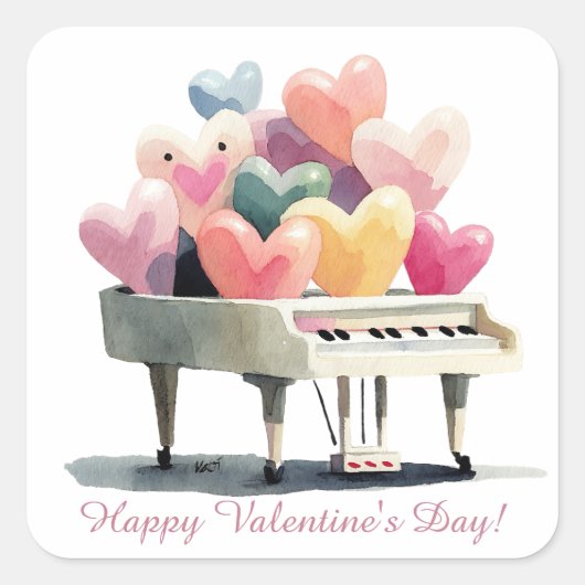 Piano of Love Hearts Valentine's Day Quadratischer Aufkleber (Vorderseite)