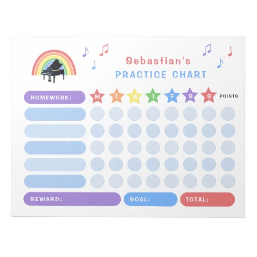 Piano Praxis Musiknoten Rainbow Rewards Chart Notizblock (Vorderseite)